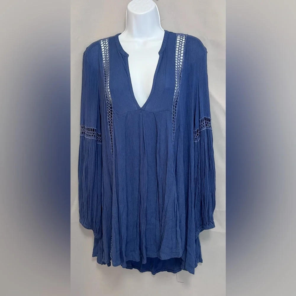 Free People Baby Doll Lace‎ Inset Tunic Sz Small Blue
